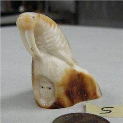 2" fossilized walrus walrus carving on man's head by Iglaak from Koyuk, AK (114)