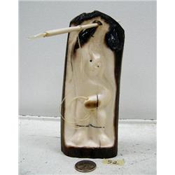 7" relief carved fossilized ivory of 2 different hunters by Iglaak from Koyuk (114)