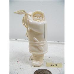3-1/2" white walrus ivory of Eskimo hunter with harpoon note the detail on the belt, the ruff, and m