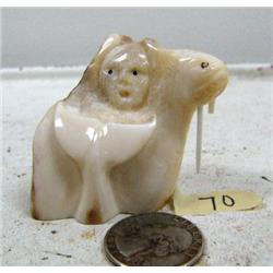 2" fossilized walrus ivory carving of walrus, whale's tail, and man by Iglaak of Koyuk (114)