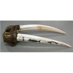 Large male headmount with narwhale, walrus scrimshaw 26" (100)