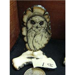 CHOICE on 4 scrimshawed fossilized ivory done by Homer Cole- 3" height: snowy owl (114)