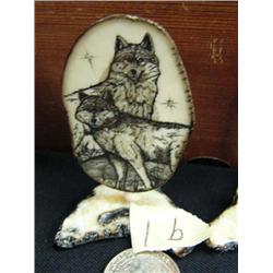 CHOICE on 4 scrimshawed fossilized ivory done by Homer Cole- 3" height: 2 wolves (114)