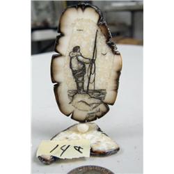CHOICE on four 3" fossilized ivory platchet scrimshawed by Homer Cole: Eskimo hunter with harpoon (1