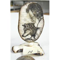 CHOICE on four 3" fossilized ivory platchet scrimshawed by Homer Cole: man with dog (114)