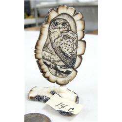 CHOICE on four 3" fossilized ivory platchet scrimshawed by Homer Cole: owl (114)