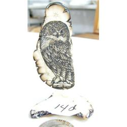 CHOICE on four 3" fossilized ivory platchet scrimshawed by Homer Cole: owl (114)