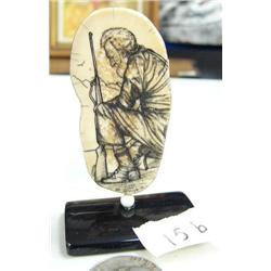 CHOICE on two 3" scrimshawed ivory mounted on baleen by Homer Cole: man with gun (114)