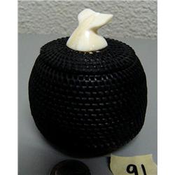 Outstanding baleen basket by John Hank with ivory whale's tale finial- solid as a rock, tight as a d