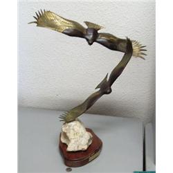 Pair of bronze eagles mounted on stone and wood base- called "Always There" done in 1985 2 of 20 by 