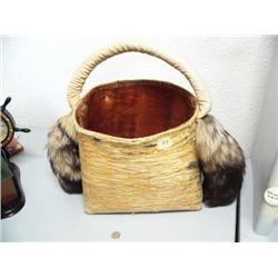 12" birch bark basket with handle- sinew around top, decorated with 2 fox tails (3)