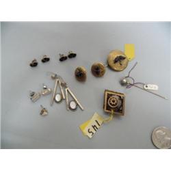 Lot of: sterling silver earrings, Victorian pin set with small garnet, gold hat pin set with a pearl