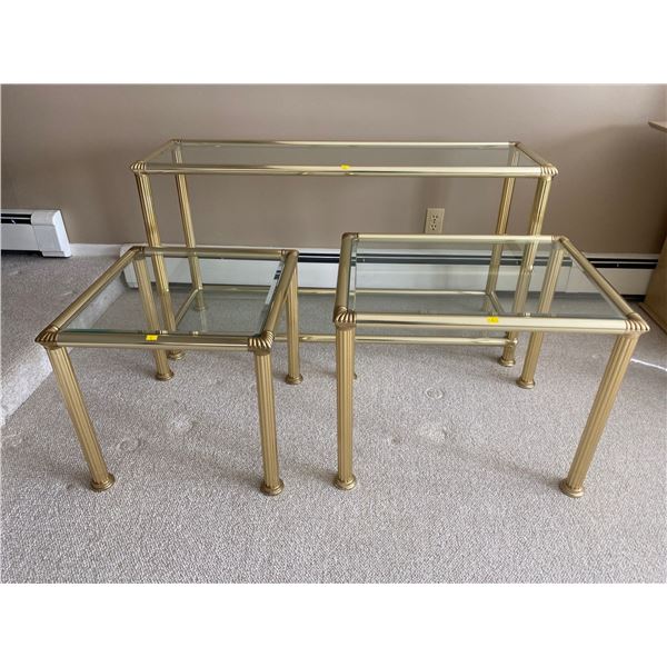 Brass & Glass  Bevelled Glass Side Tables & End Tables 47L x 15D x 27T Set Of 3