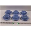 Image 1 : (6) Pyrex Delphite Blue Tea Cups & Saucers - One Cup Has Chip On Bottom