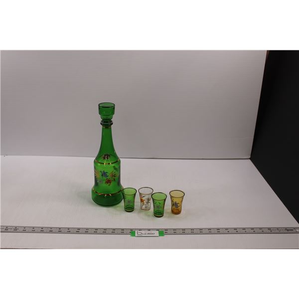 Vintage Green Decanter & (4) Shot Glasses - Made in Italy