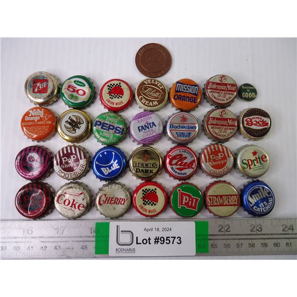 (27) Assorted Vintage Bottle Caps with Token and small button