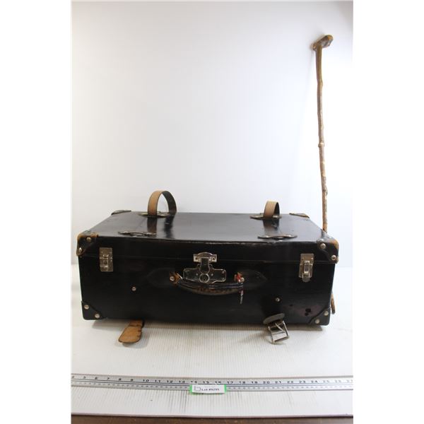 Vintage Black Leather Suitcase with Key and Cane