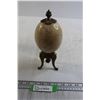 Image 1 : Vintage Large Alabaster Egg on 3-Legged Brass Elephant Stand and Brass Finial