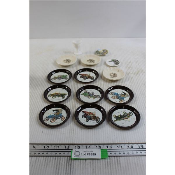 (8) Antique Car Coasters, (5) Decorative Plates - Some Chips, Eye Washer Cup