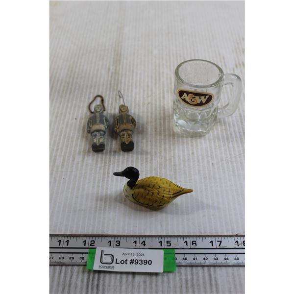 A&W Miniature Glass Mug, (2) Inuit Keychains, Miniature Plastic Duck