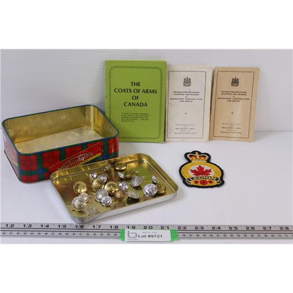 Tin of Misc. (20+) Military Buttons, (2) Medal Regulation Books, Coat of Arms Book