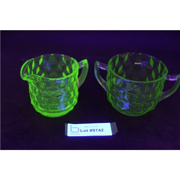Green Depression Jeannette Windsor Uranium Glass Cream and Sugar Set