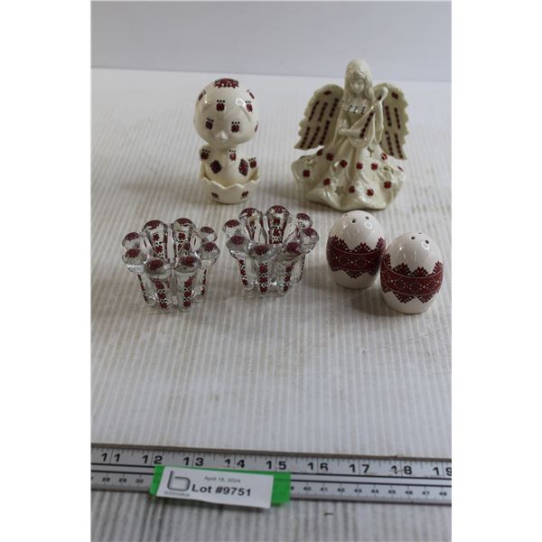 Pair of Ukrainian Salt and Pepper Shakers, (2) Candleholders (?), (2) Decorations