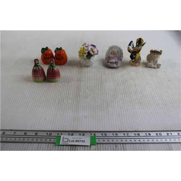 (2) Pairs Salt and Pepper Shakers, (4) Decorations