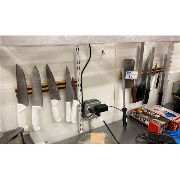 GROUP LOT OF CHEFS KNIVES WITH MAGNET BARS AND SHARPENER