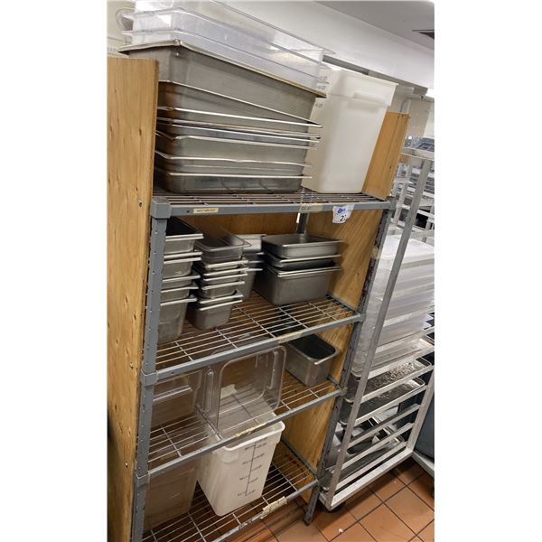 RACK WITH ASST CHAFING PANS (27) AND PLASTIC BINS (11)