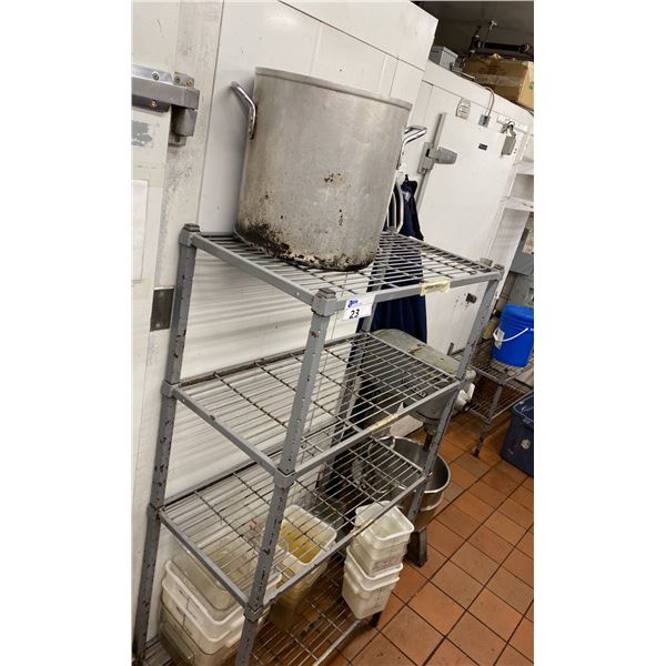 RACK WITH ASST PLASTIC BINS & LARGE STOCK POT