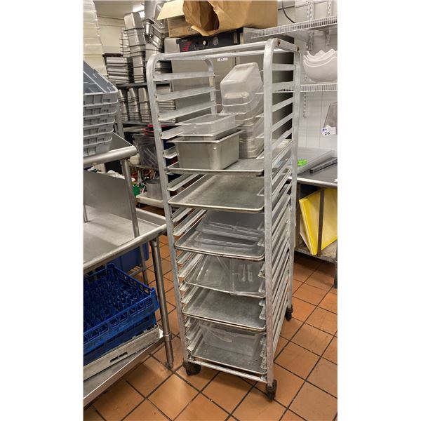 3 ASST ROLLING BAKERS RACKS WITH CONTENTS. BAKING PANS, FOOD PANS, LIDS ETC