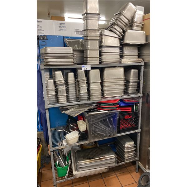 METAL RACK WITH CONTENTS. PROBABLY OVER 100 PANS OF ASST SIZES, LIDS, IMPLEMENTS ETC