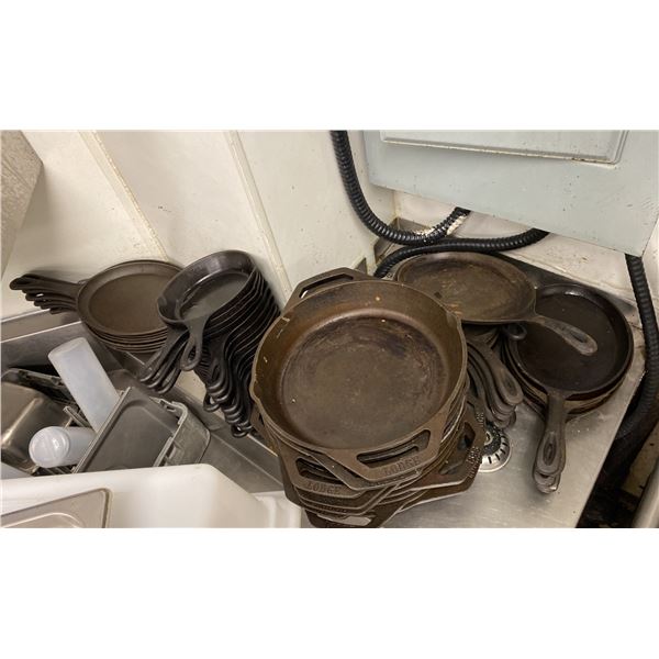 LARGE GROUP OF ASST CAST IRON BAKING/COOKING PANS. APPROX 40