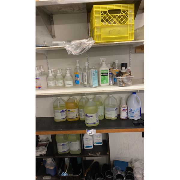 LARGE SHELF LOT OF CLEANING SUPPLIES. TOILET CLEANER, HAND WASH, SOS PADS, CHLORINE SANITIZER,