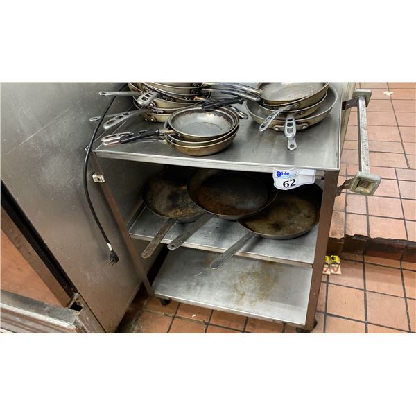 ROLLING CART WITH A GROUP OF ASST COMMERCIAL FRY PANS. ASST SHAPES AND SIZES. APPROX 20