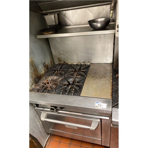 36  GARLAND GAS RANGE WITH SHELF. REMOVABLE GRILL. MISSING SOME KNOBS