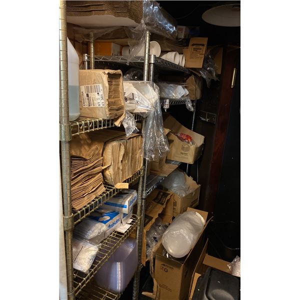 2 SECTIONS OF METRO STYLE RACK WITH GROUP LOT OF ASST TAKEAWAY CONTAINERS, PIZZA BOXES, PAPER BAGS