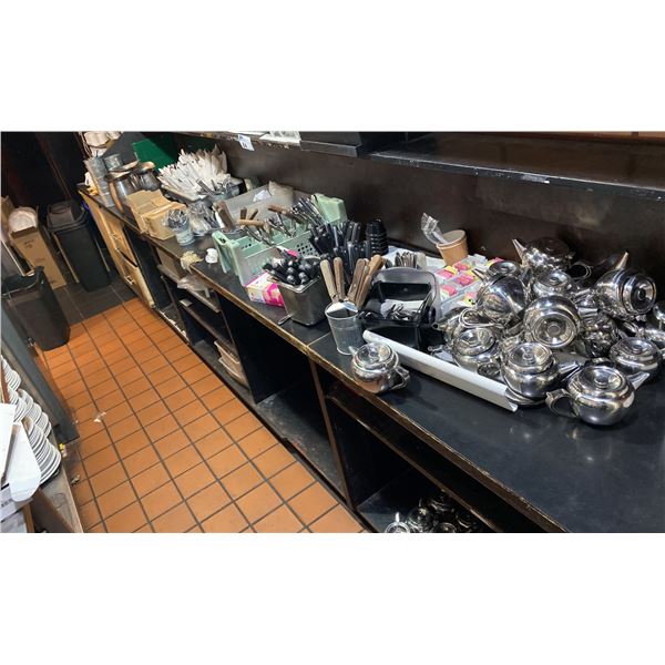 LARGE LOT OF KITCHEN ITEMS. SS TEA POTS, PIZZA SERVERS, STEAK KNIVES, CUTLERY, ICE BUCKETS,