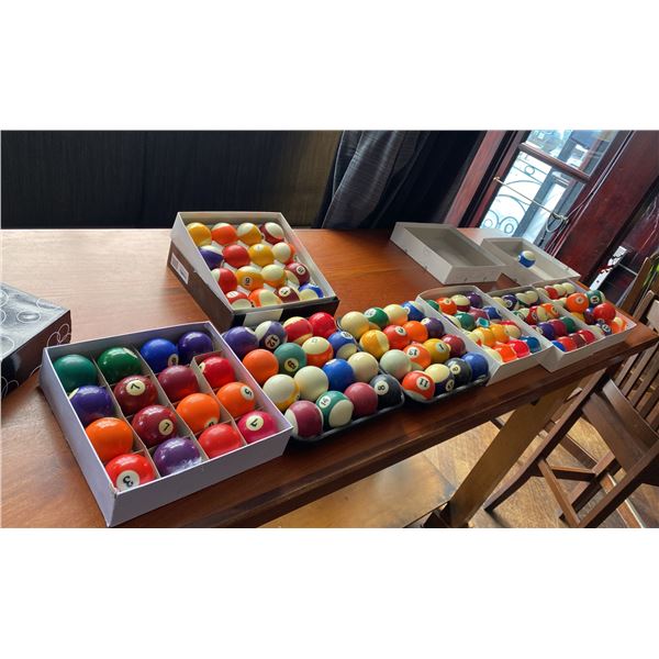 LARGE GROUP OF POOL BALLS, 10 LB BOX CHALK AND RACK