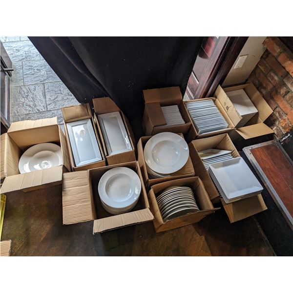 SANT ANDREA CHINA. 90 PIECES 10" SQUARE PLATES, 15 PIECES 12" BOWLS, 26 PIECES 10 1/2" BOWLS, 30