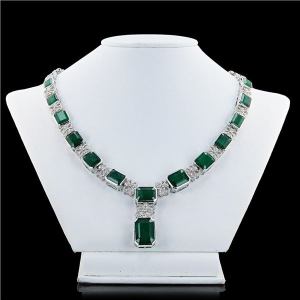67.28 ctw Emerald and 7.22 ctw Diamond 18K White Gold Necklace