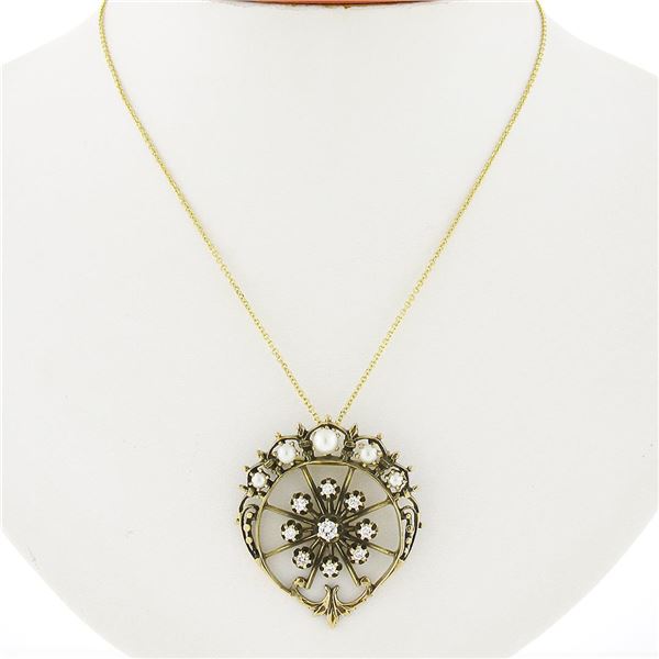 Vintage Victorian Revival 14k Gold Diamond & Pearl Crescent Brooch Pin Pendant