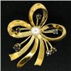 Image 2 : Vintage 18k Yellow Gold Multi Ribbon Sapphire and Pearl Elegant Pin Brooch