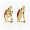 Image 3 : 18k Gold GIA Cert. Oval Cabochon Coral & Round Diamond Omega or Clip On Earrings