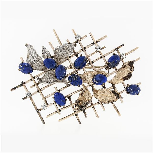 Vintage 14K Multi Tone Gold Blue Lapis & Diamond Textured Leaves Grid Brooch Pin