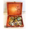 Image 1 : WOODEN BOX WITH OVER 50 VARIOUS LAPEL PINS