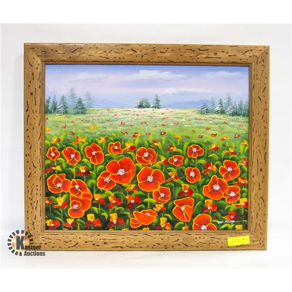 FRAMED PAINTING POPPIES ON HILLSIDE 24" x 29"