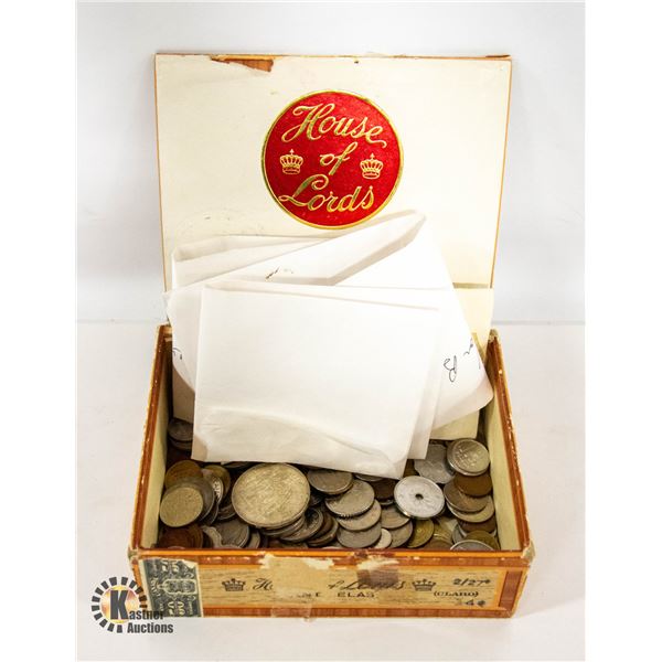 CIGAR BOX OF COINS FROM AROUND THE WORLD