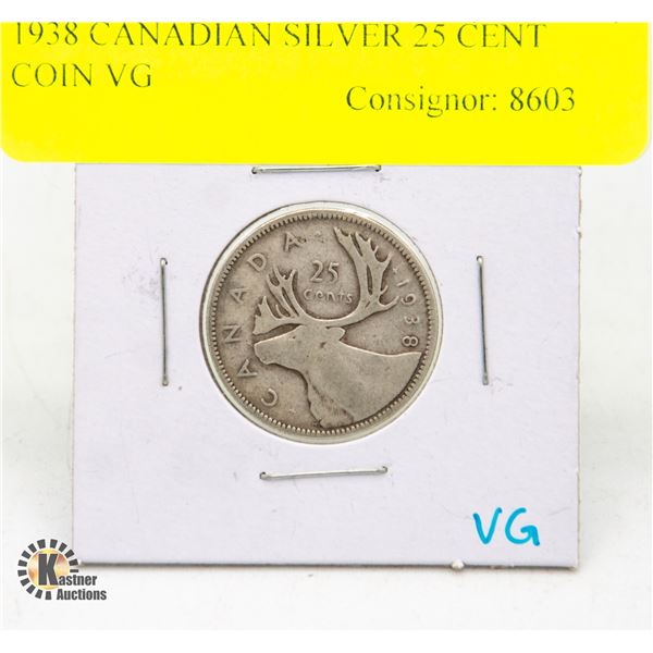 1938 CANADIAN SILVER 25 CENT COIN